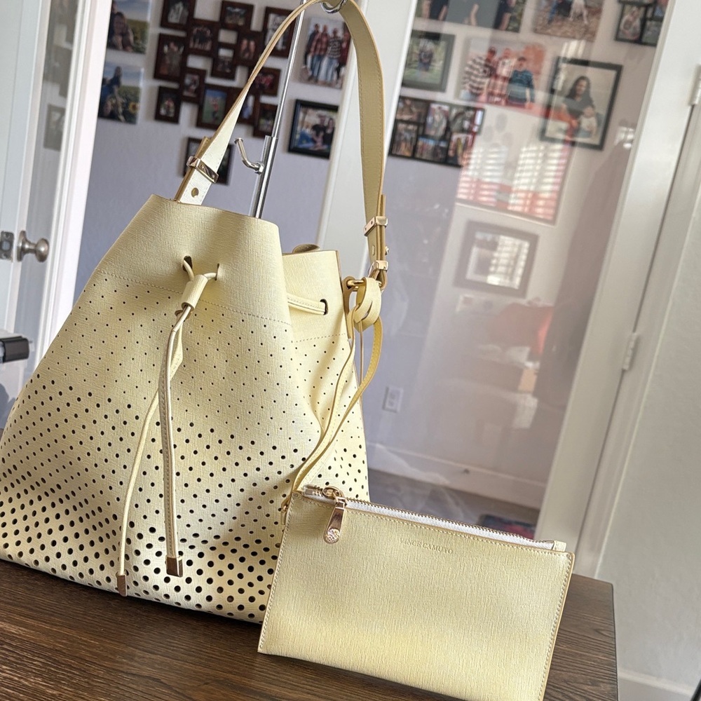 Vince Camuto Light Yellow Leather Ombré Perforated Shoulder Bag w/ Pouch - Picture 2 of 11